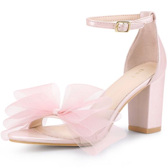 Bow Tie Ankle Strap Chunky High Heels Sandals Pink - Picture 1 of 6